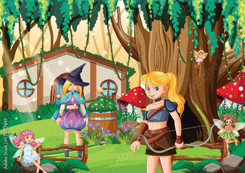 Enchanted scene with medieval cartoon characters