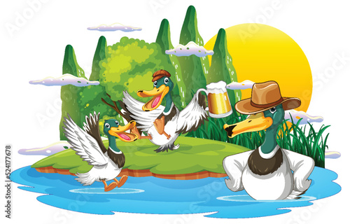Happy duck group in nature scene