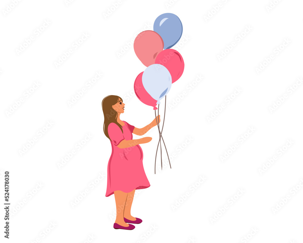 A pregnant joyful woman holds pink and blue balloons to find out the gender of the baby. Gender Party. Vector illustration isolated on white background, copy space A pregnant joyful woman holds pink and blue balloons to find out the gender of the baby. Gender Party. Vector illustration isolated on white background, copy space