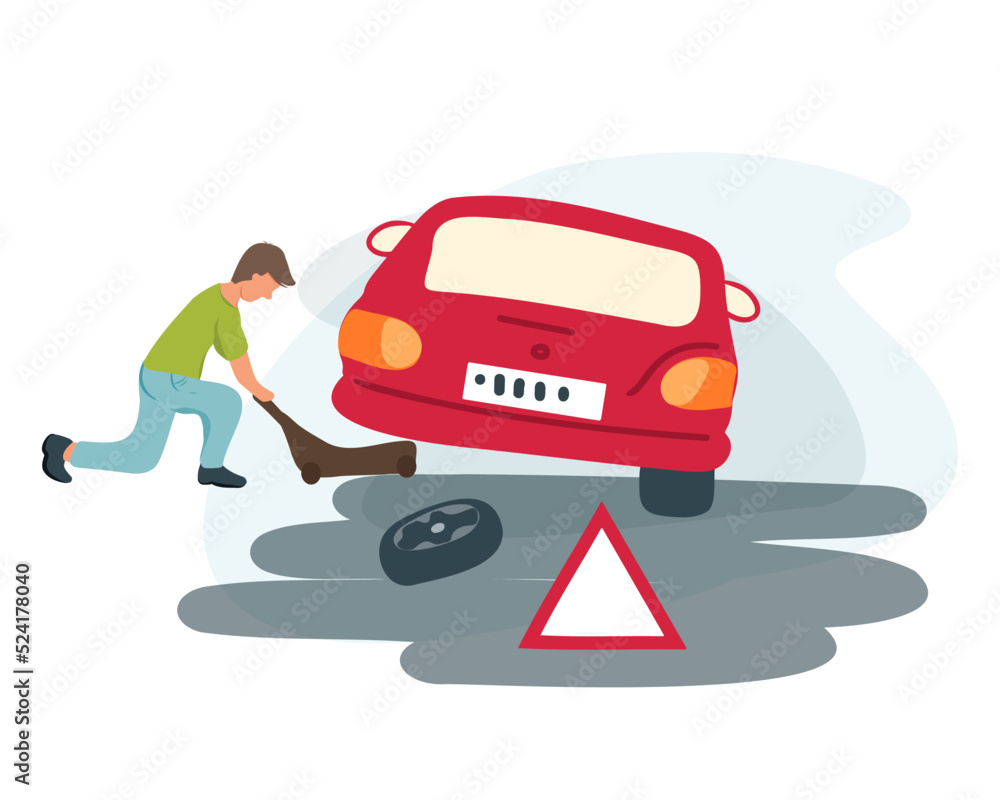 Roadside assistance worker changing car wheel on highway. A young man jacks up a car to change a flat tire on the road. Vector illustration Roadside assistance worker changing car wheel on highway. A young man jacks up a car to change a flat tire on the road. Vector illustration
