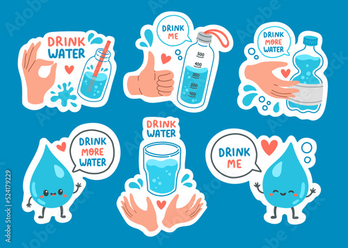 Drink more water sticker set flat design vector