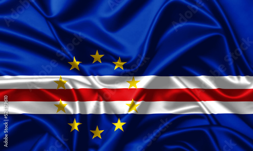 Cape Verde waving flag close up satin texture background