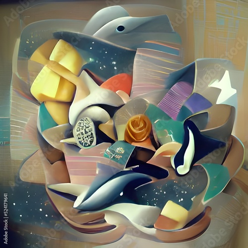 Whales and Dolphins Swimming in the Ocean Wallpaper, Mosaic Art, Sea Waves Illustration in Cubism Style, Exotic Tiles Art, Sealifes Background, Sky and Sea Abstract Art, Beach and Coastline Backdrop photo