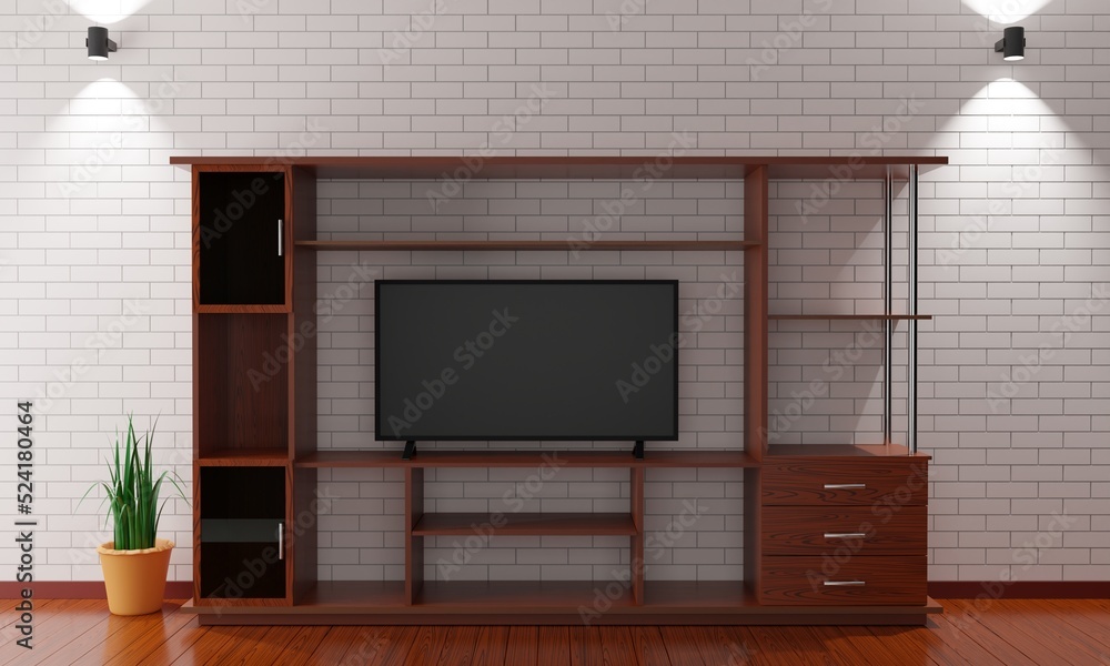 lcd tv on showcase and cabinet in the livingroom.3d rendering. lcd tv on showcase and cabinet in the livingroom.3d rendering.