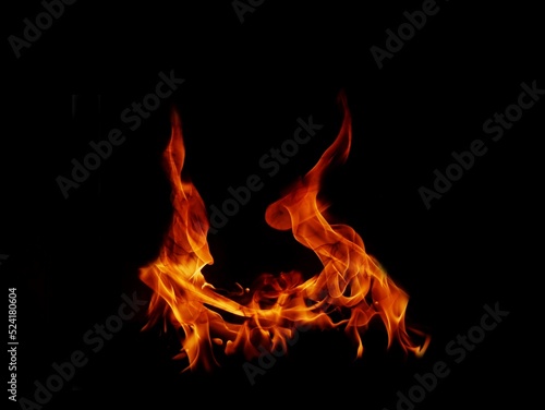 A beautiful flame shaped as imagined. like from hell, showing a dangerous and fiery fervor, black background.