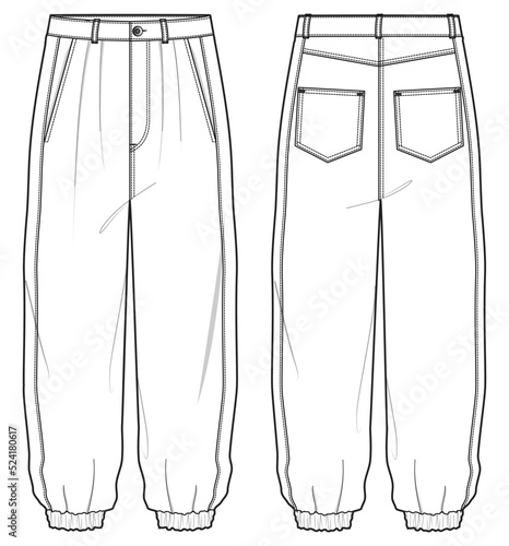 Side Tape Woven Jogger, Chino Jogger Front and Back View. Fashion Illustration, Vector, CAD, Technical Drawing, Flat Drawing, Template, Mockup.