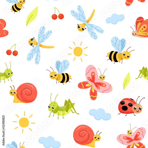 Seamless pattern with Cartoon insects. Cute butterfly, grasshopper and dragonfly. Childish vector illustrations isolated on white