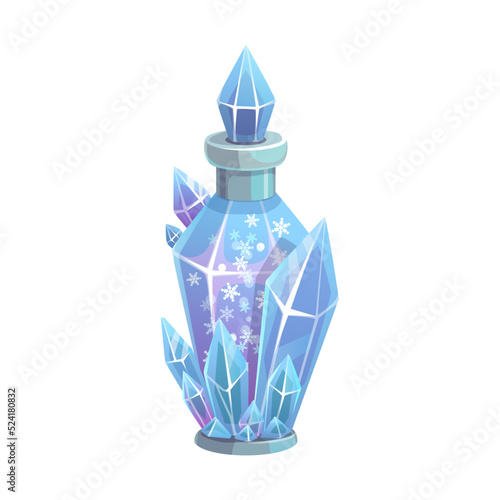 Potion bottle vector icon, magic elixir in glass flask with snowflakes and crystals. Cartoon design element for magic game. Witch freezing poison, alchemy liquid isolated on white background