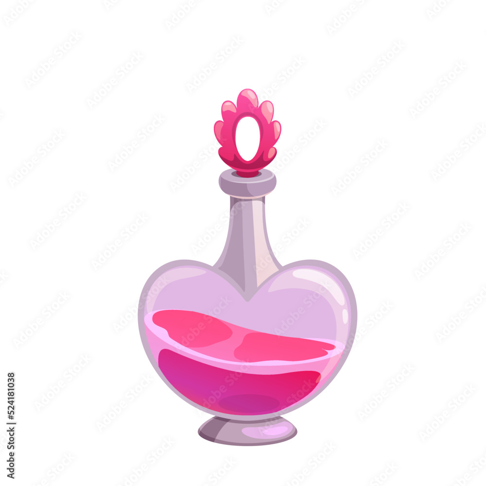 Potion bottle vector icon, pink magic elixir in glass flask with liquid and decorative bung. Cartoon design element for magic game. Love witch poison, alchemy object isolated on white background