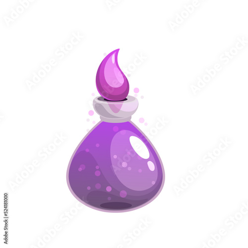 Potion bottle vector icon, purple magic elixir in glass flask with air bubbles inside and crystal curve bung. Witch poison, alchemy object. Cartoon design element for magic game