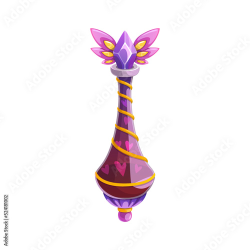 Love potion bottle vector icon, magic elixir in glass flask with winged crystal bung and hearts inside. Cartoon design element, witch poison, alchemy object isolated on white background
