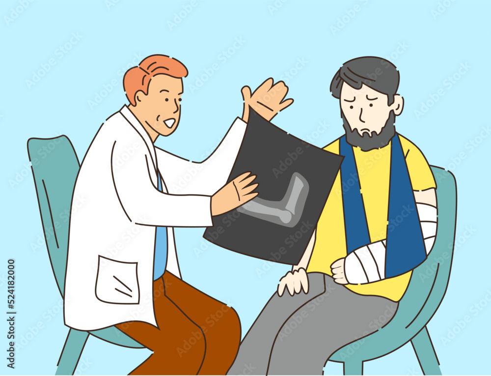 Doctor shows x-ray scan of arm to the patient. Broken arm. Broken bone. Cast. Radiologist. Flat vector illustration.