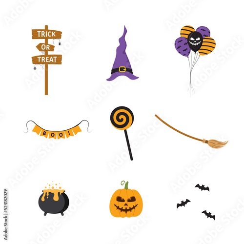 Halloween elements. Cute hand drawn icons for celebrating spooky night. Happy holiday signs. Vector illustration in flat cartoon style. photo