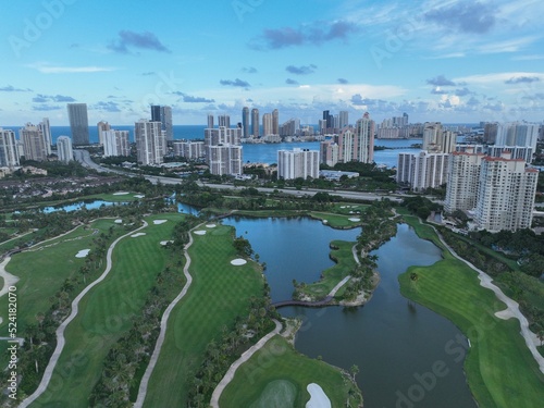 Aerial View of Aventura Golf Course and Aventura Mall with Sunny Isles Beach  Florida in the Background