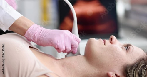 Young woman undergoes ultrasound of thyroid gland in modern clinic photo