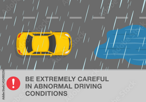 Safe car driving tips and rules. Driving on a rainy and slippery road. Be extremely careful in abnormal driving conditions. Top view of a flooded road. Flat vector illustration template.
