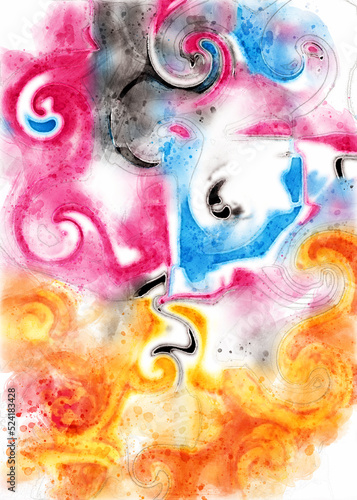 Fototapeta Naklejka Na Ścianę i Meble -  Abstract image with swirls, lines and areas of color in blue, pink, black, orange and red in watercolor with splashes and swooshes