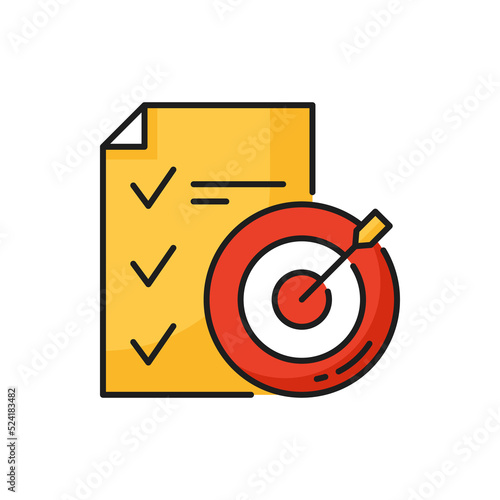 Planning and achieving goals in business color outline icon with list and arrow in target. Business strategy targets thin line vector sign or pictogram with to-do list or plan sheet and hit target
