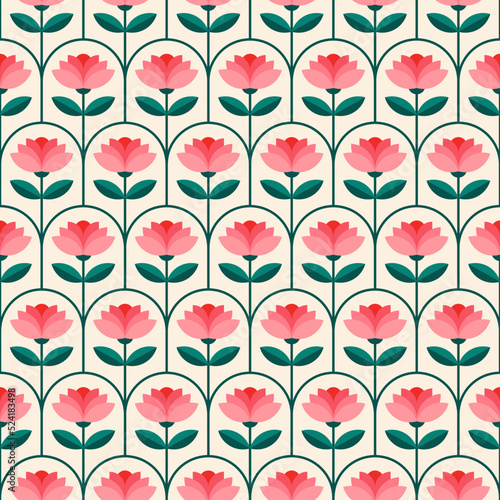 Retro luxury geometric flower and leaf seamless pattern background.