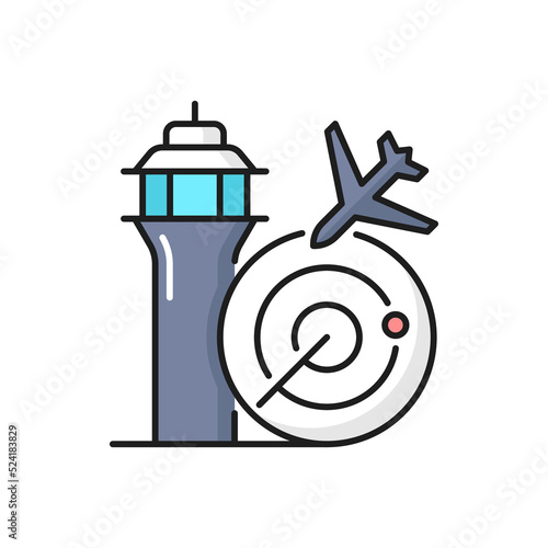 Airline travel, airport service outline icon with dispatcher tower and radar. Aviation flight tracking, air transportation technology thin line vector icon or linear pictogram