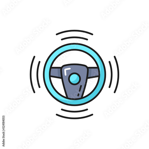 Self and autonomous driving car technology outline icon with steering wheel. Vehicle driving smart assistant, automated parking or car autopilot innovation thin line vector sign or pictogram