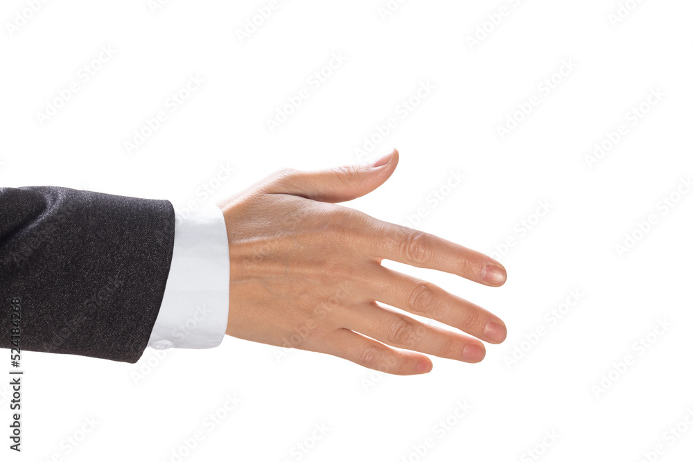 Human hand in sleeve of a business suit outstretched to shake, a positive gesture, close up, isolated on white. Human hand in sleeve of a business suit outstretched to shake, a positive gesture, close up, isolated on white.