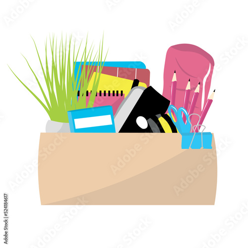 Box with personal things of dismissed worker on white background