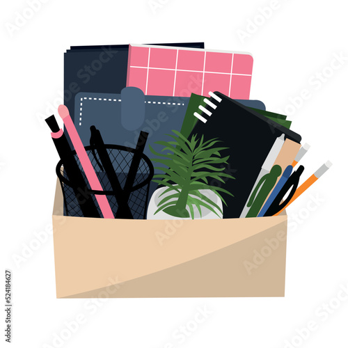 Box with personal things of dismissed worker on white background