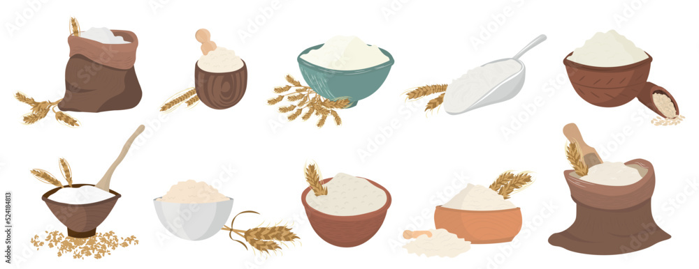 Bowls and bags with flour on white background