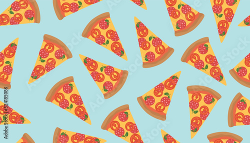 Many slices of delicious pizza on light blue background. Pattern for design