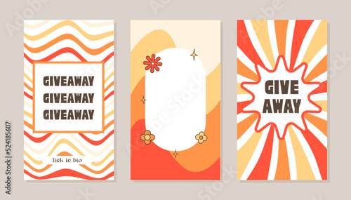 Giveaway winner announcement social media ig story template. Funky nostalgic design. Retro 60s 70s aesthetic backdrops, vintage wavy distorted backgrounds. Set of vertical posters in Y2K style. Vector