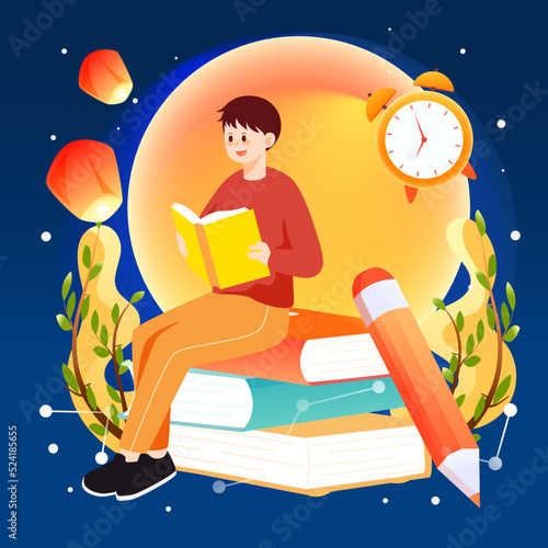 Celebrating mid-autumn festival and teacher's day, teacher is working hard with moon and windows in background, vector illustration