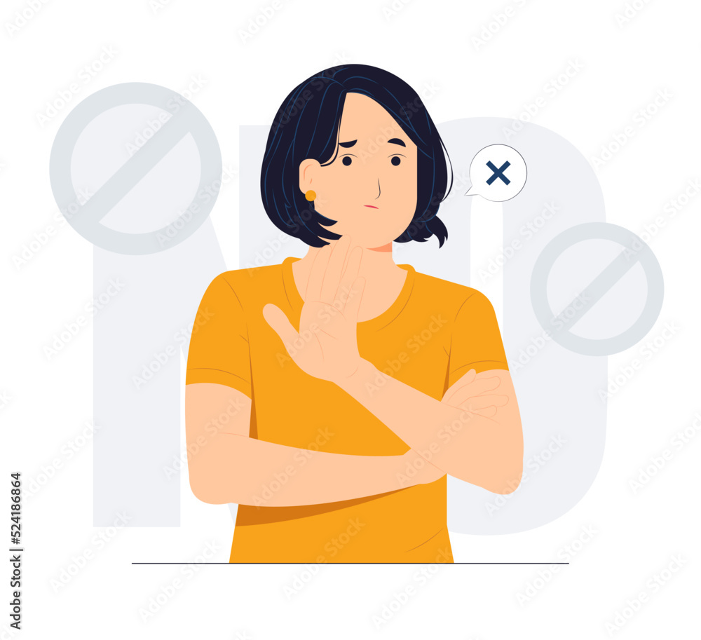 No and makes stop gesture, forbids something and expresses disagreement, Body language No means no concept illustration No and makes stop gesture, forbids something and expresses disagreement, Body language No means no concept illustration