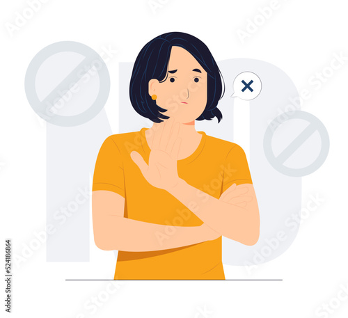 No and makes stop gesture, forbids something and expresses disagreement, Body language No means no concept illustration