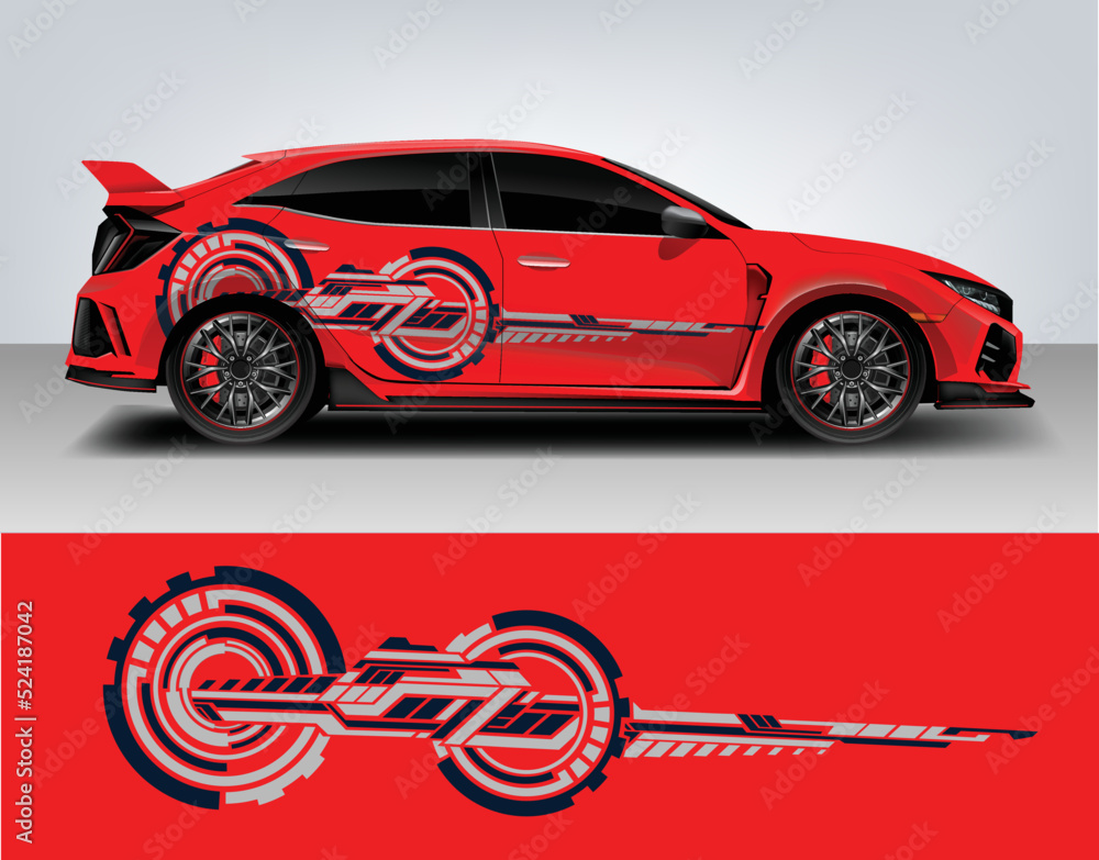 Naklejka premium Vinyl sticker Decals set for Car truck mini bus modify Motorcycle. Racing Vehicle Graphic kit isolated vector design race Elegant stripes. modern red technology background for wrap 
