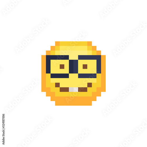Nerd face. Smiling emoticon wearing eyeglasses, emoji, smiley. Pixel art style. Funny cartoon character. Web icon. Facial expression. 8-bit style. Isolated abstract vector illustration.