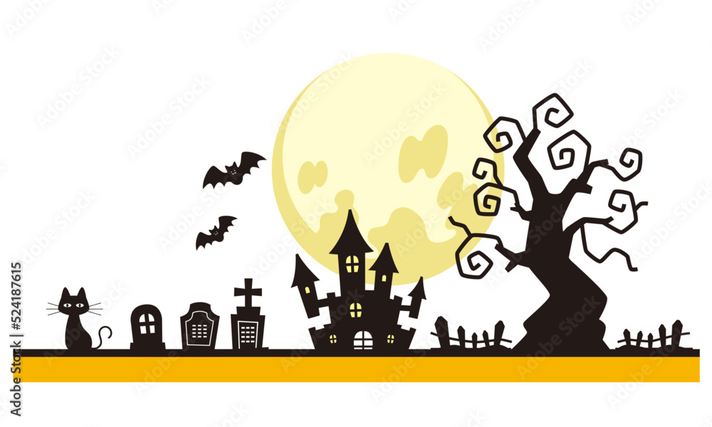 ハロウィンのシルエット（黒猫、お墓、お化けの木、こうもり、月、館）のイラスト素材。
