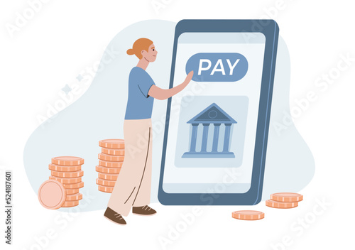 Online payment concept. Bank application. Woman paying using mobile bank app. E-commerce. Money transfer. Flat vector illustration.