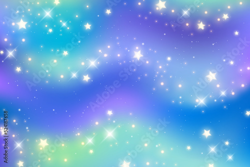 Blue galaxy background with stars. Gradient universe and space. Abstract wavy sea or ocean water with glitter. Vector abstract futuristic illustration.