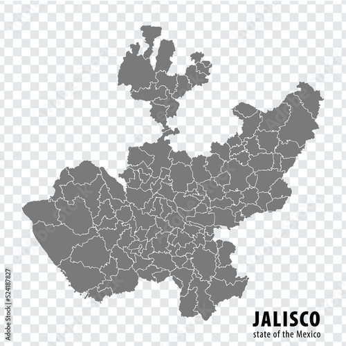 State Jalisco of Mexico map on transparent background. Blank map of Jalisco with regions in gray for your web site design, logo, app, UI. Mexico. EPS10.