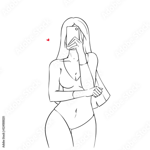 Sexy girl in bodysuit make a selfy tattoo line art