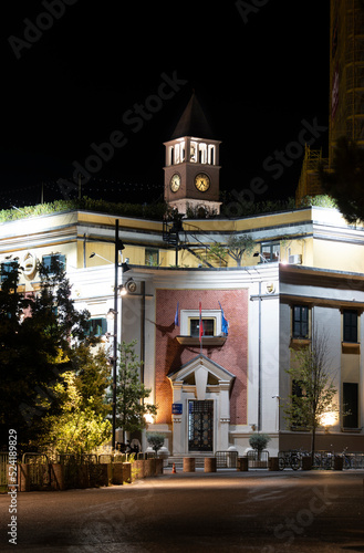 Night Photo of Tirana municipality, clock tower in back