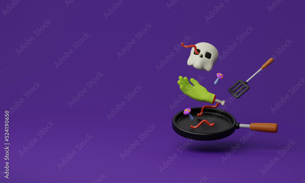 Halloween cartoon banner. with disgusting cooking background. 3d reder illustration