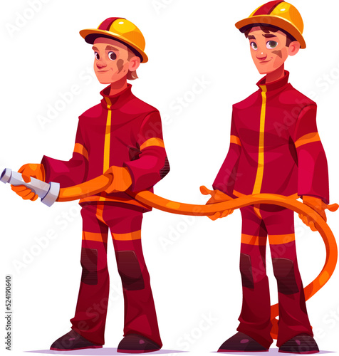 Firemen holding water hose for extinguish flame. Professional workers team, firefighters in red safety costumes and helmets isolated on white background, vector cartoon illustration
