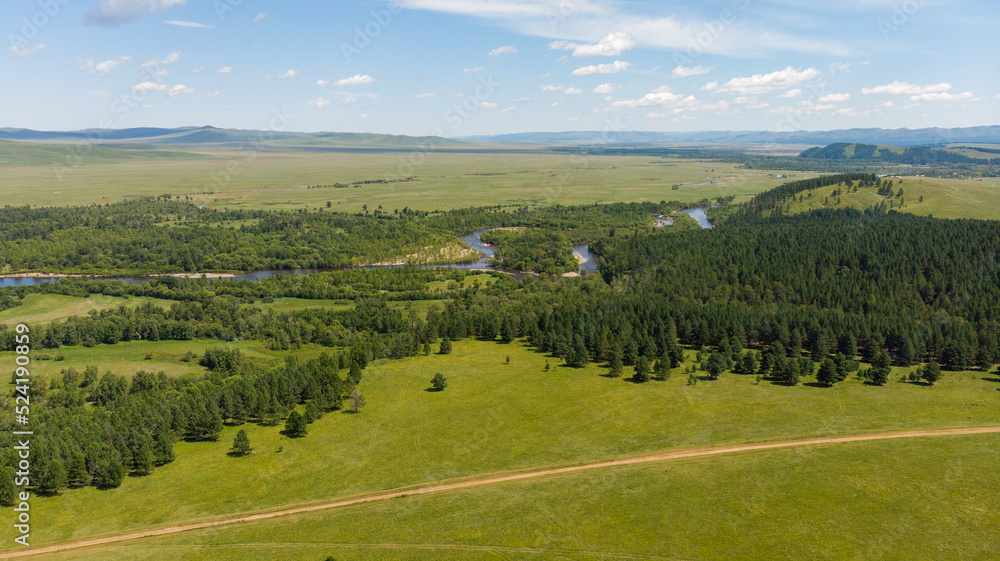 Top aerial panoramic view of green fields and meadows in summer. Mongolian landscape with sunny sky. Landscape with drone