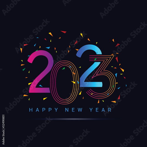 2023 Happy New Year logo design, New Year 2023 text design isolated on black background. Vector illustration