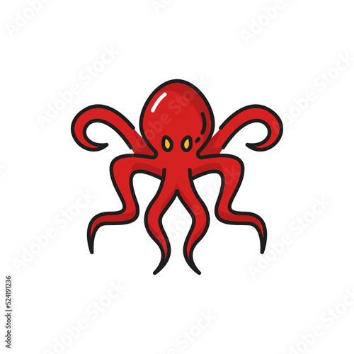 Retro octopus eight-limbed mollusc isolated marine animal symbol of piracy. Vector red soft bodied octopus, seafood emblem. Fishing sport trophy mascot, Octopoda marine animal with tentacles suckers
