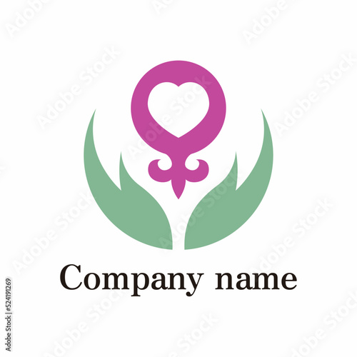 The composition of the logo: a mirror of Venus, a symbol of a woman, a heart, a floral ornament, grass, a hand. White background.