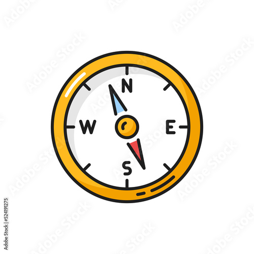 Retro compass pirate marine navigation device isolated outline icon. Vector seafarer compass, wind-rose showing wind speed and direction. Nautical navigation instrument with dial and arrows
