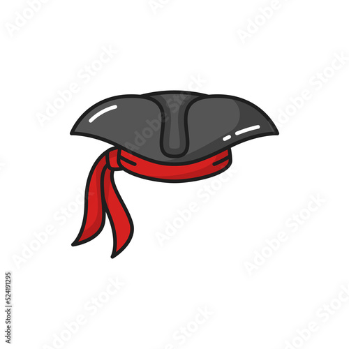 Pirate black hat with red bandana, captain headwear isolated sailor cap outline icon. Vector robber fancy outfit with broad poles, seafarer tricorn headdress. Halloween carnival head costume accessory